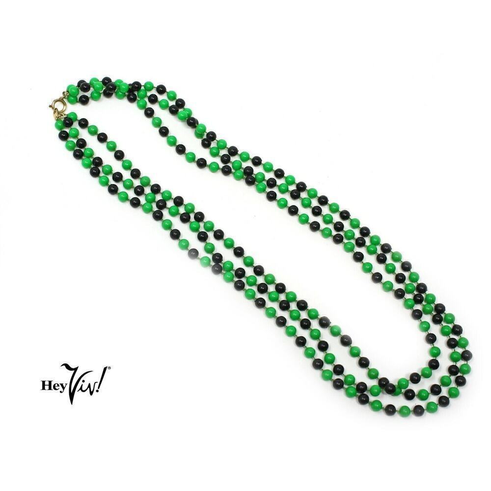Vintage Triple Strand Bead Necklace w Green and Black Beads 23" Long - Hey Viv !